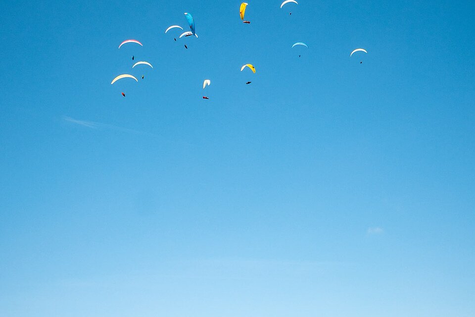 Mehrere Gleitschirme fliegen hoch am blauen Himmel über einer Berglandschaft.