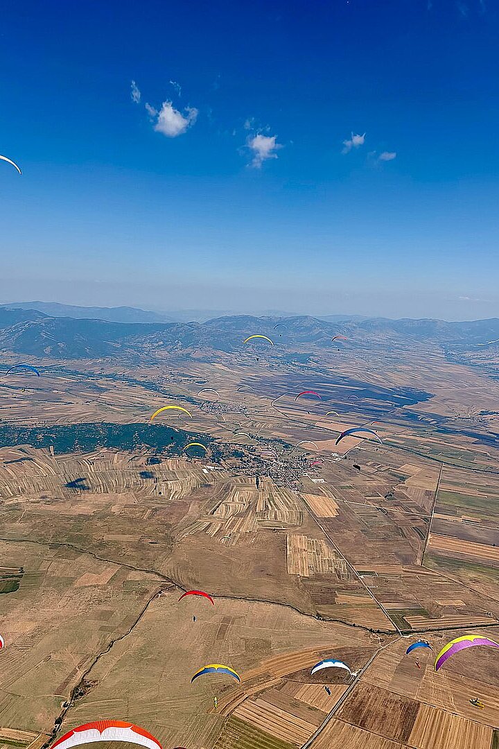 Mehrere Gleitschirme fliegen über ein weites Tal mit Feldern und Bergen am Horizont.