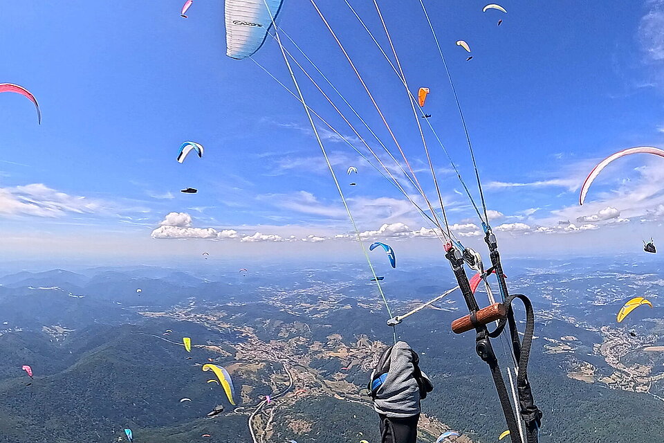 Mehrere Gleitschirme fliegen über Bergen und einer weiten Landschaft