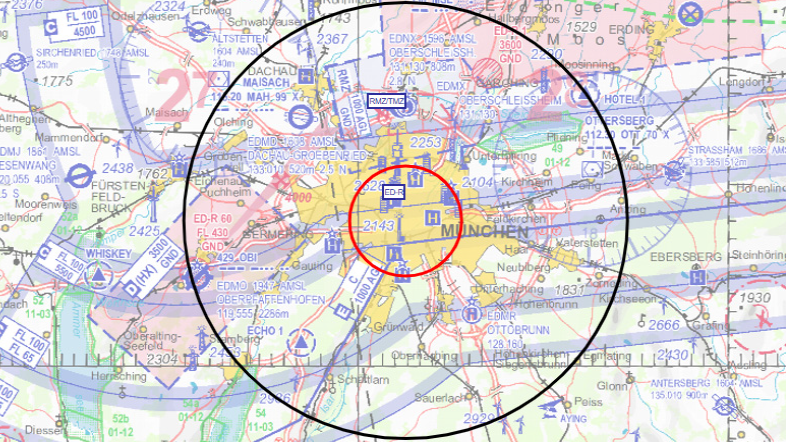 Ausschnitt der ICAO-Karte mit ED-R München und RMZ/TMZ München