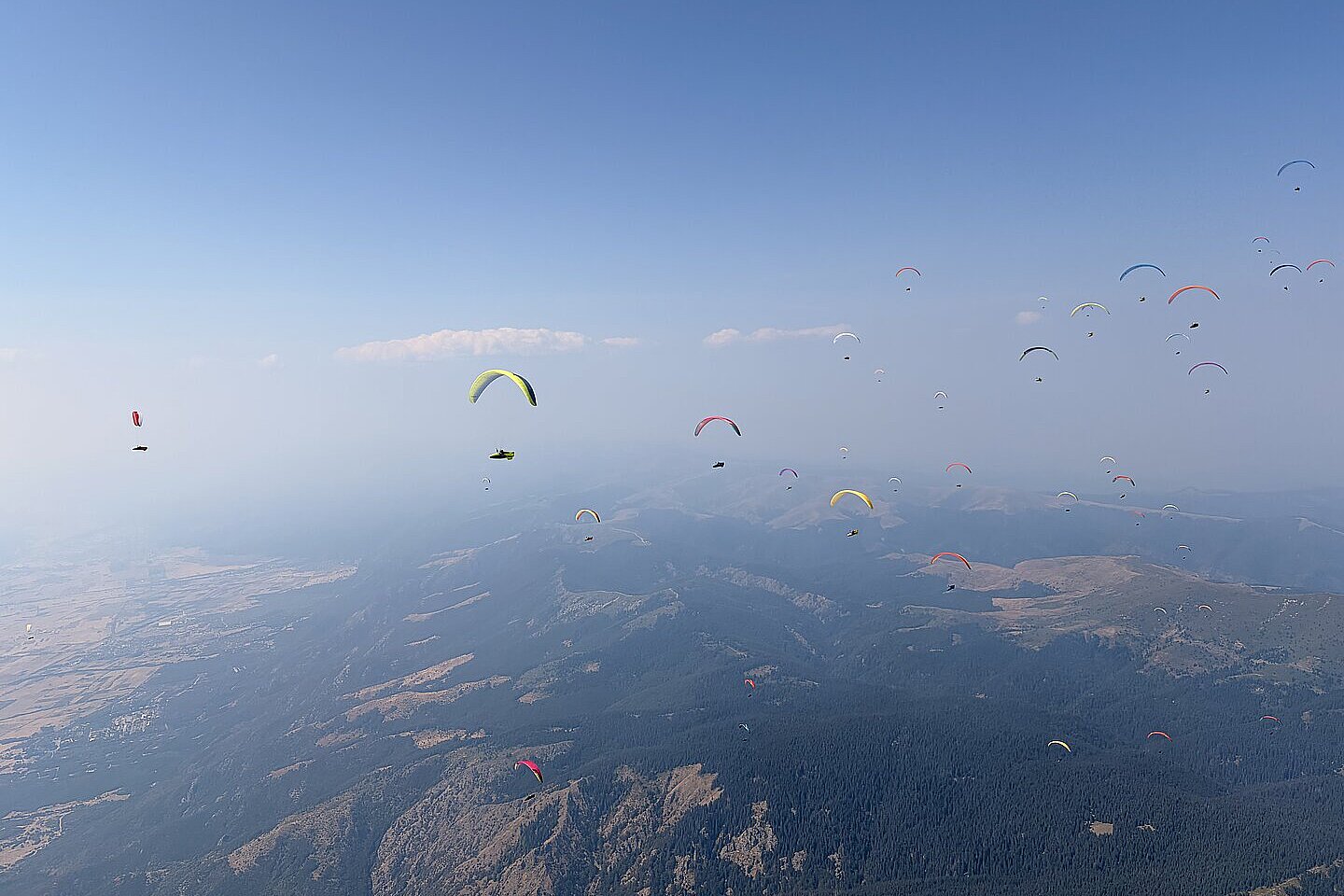 Viele Gleitschirme schweben über einer Berglandschaft.