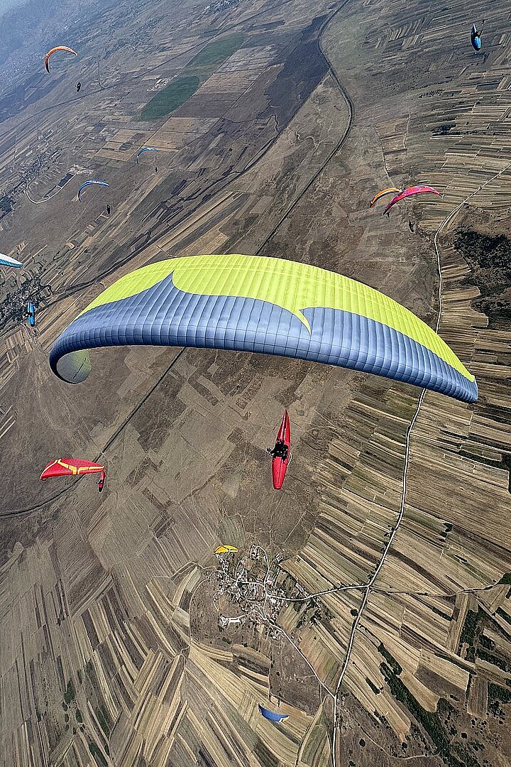 Mehrere Gleitschirme fliegen über ein weites Tal mit Feldern und einem Ort.