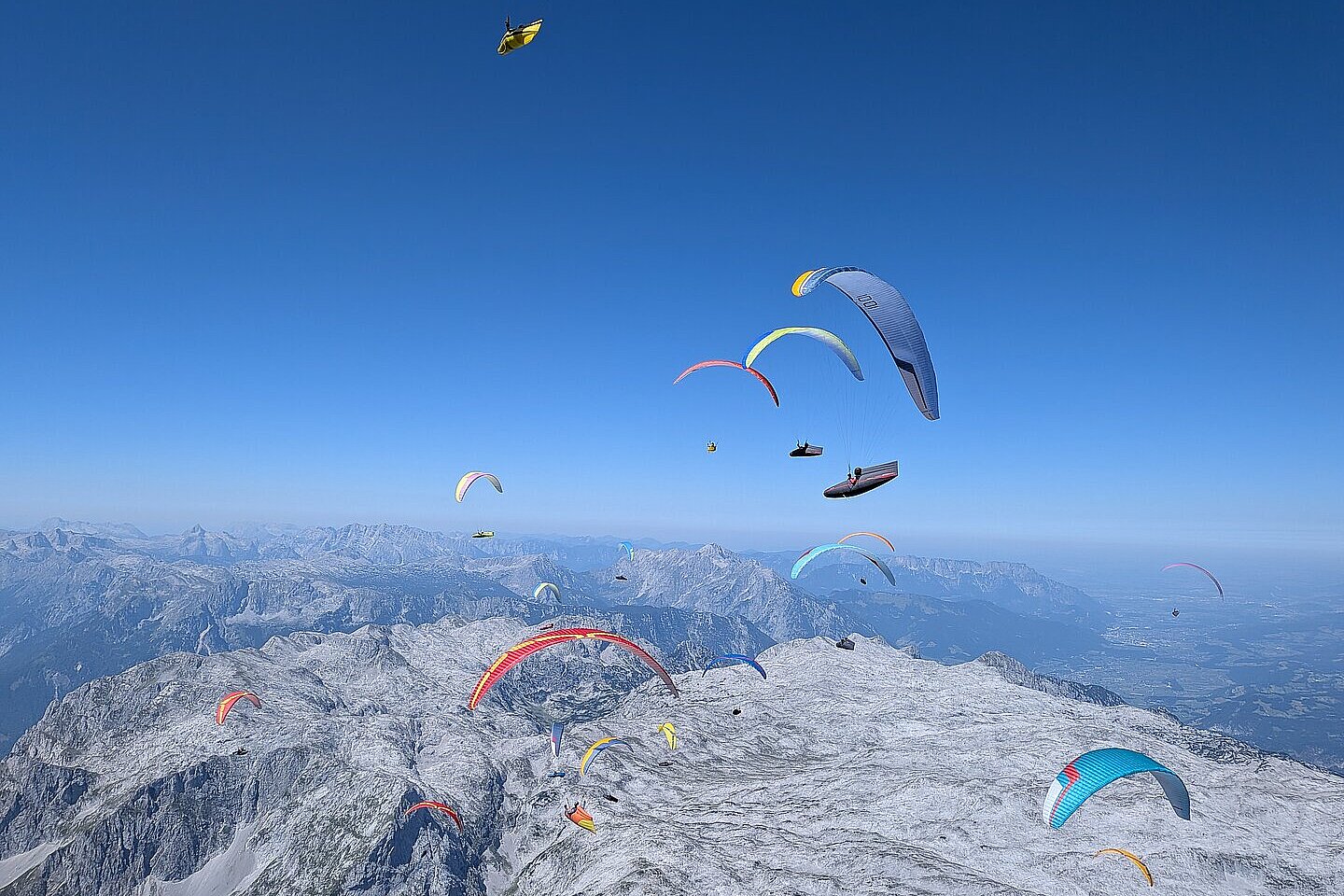 Mehrere Gleitschirme schweben über einem felsigen Hochgebirge unter klarem Himmel.
