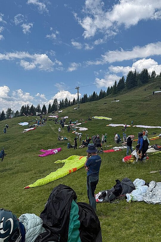 Viele ausgelegte Gleitschirme auf einer grünen Wiese, mehrere Personen bereiten sich vor.