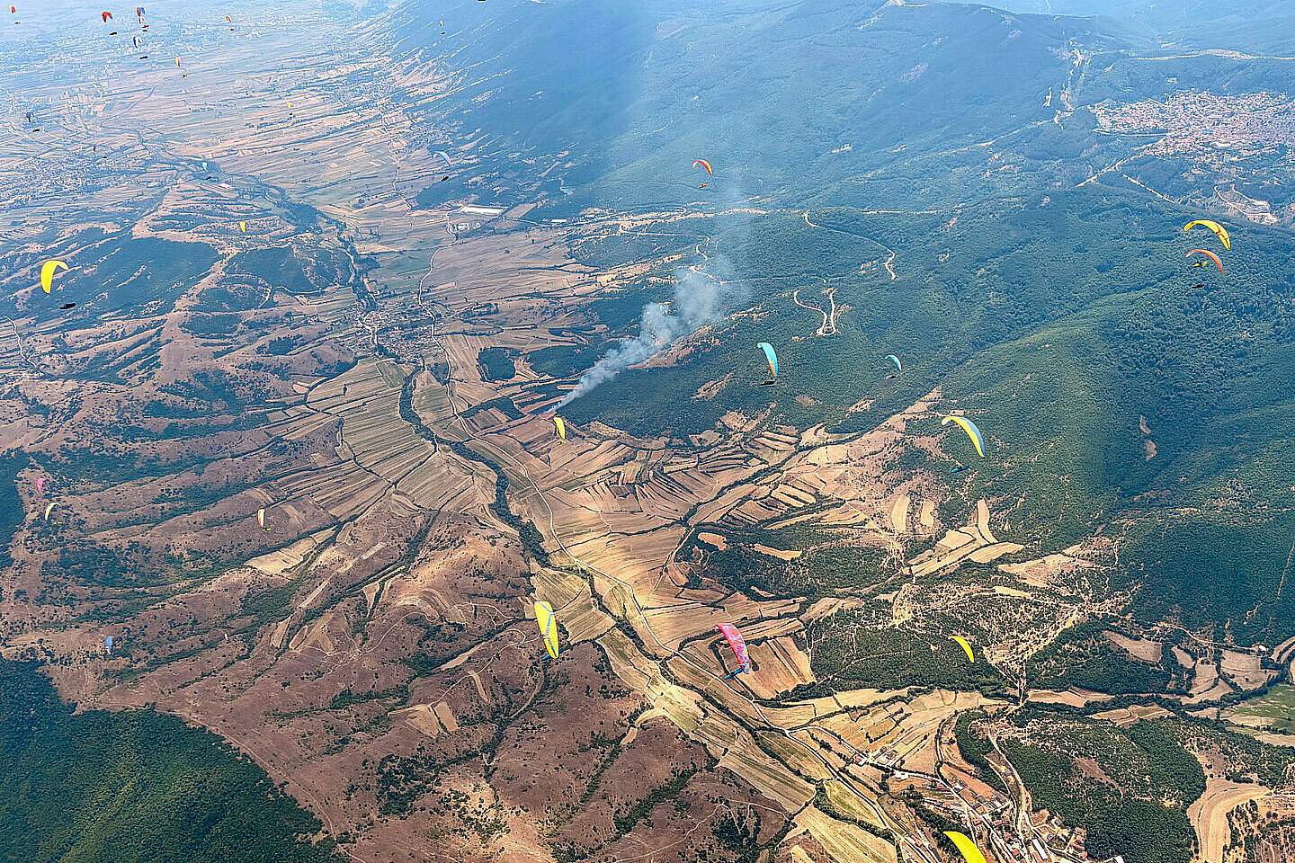 Mehrere Gleitschirme schweben über einer hügeligen Landschaft mit Feldern und Wald.