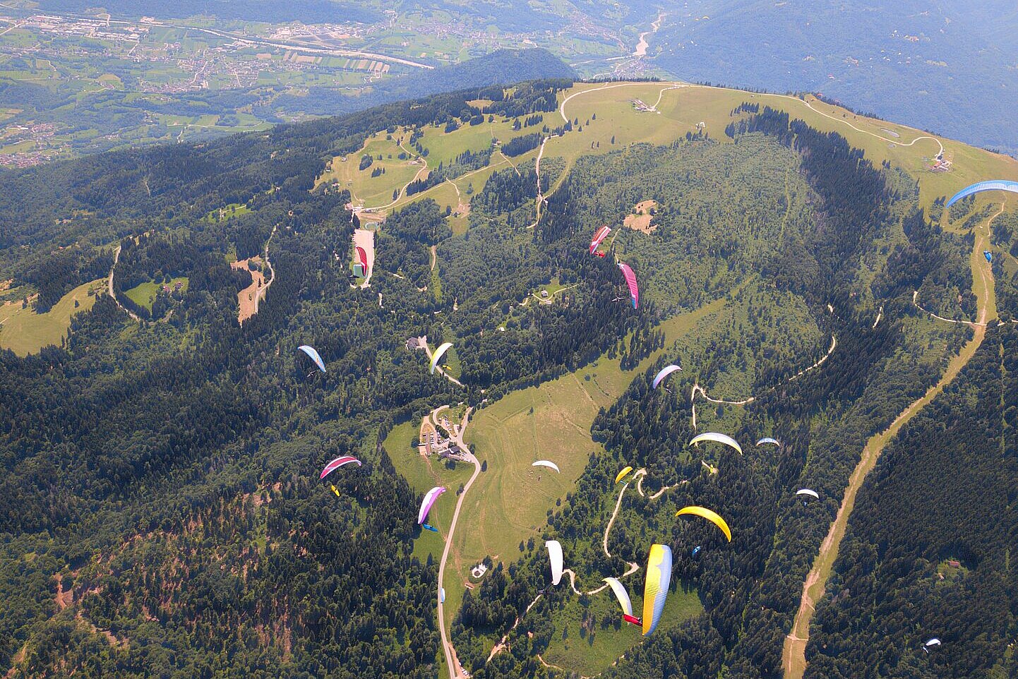 Mehrere Gleitschirme über einem grünen Bergrücken mit Wegen und Wald