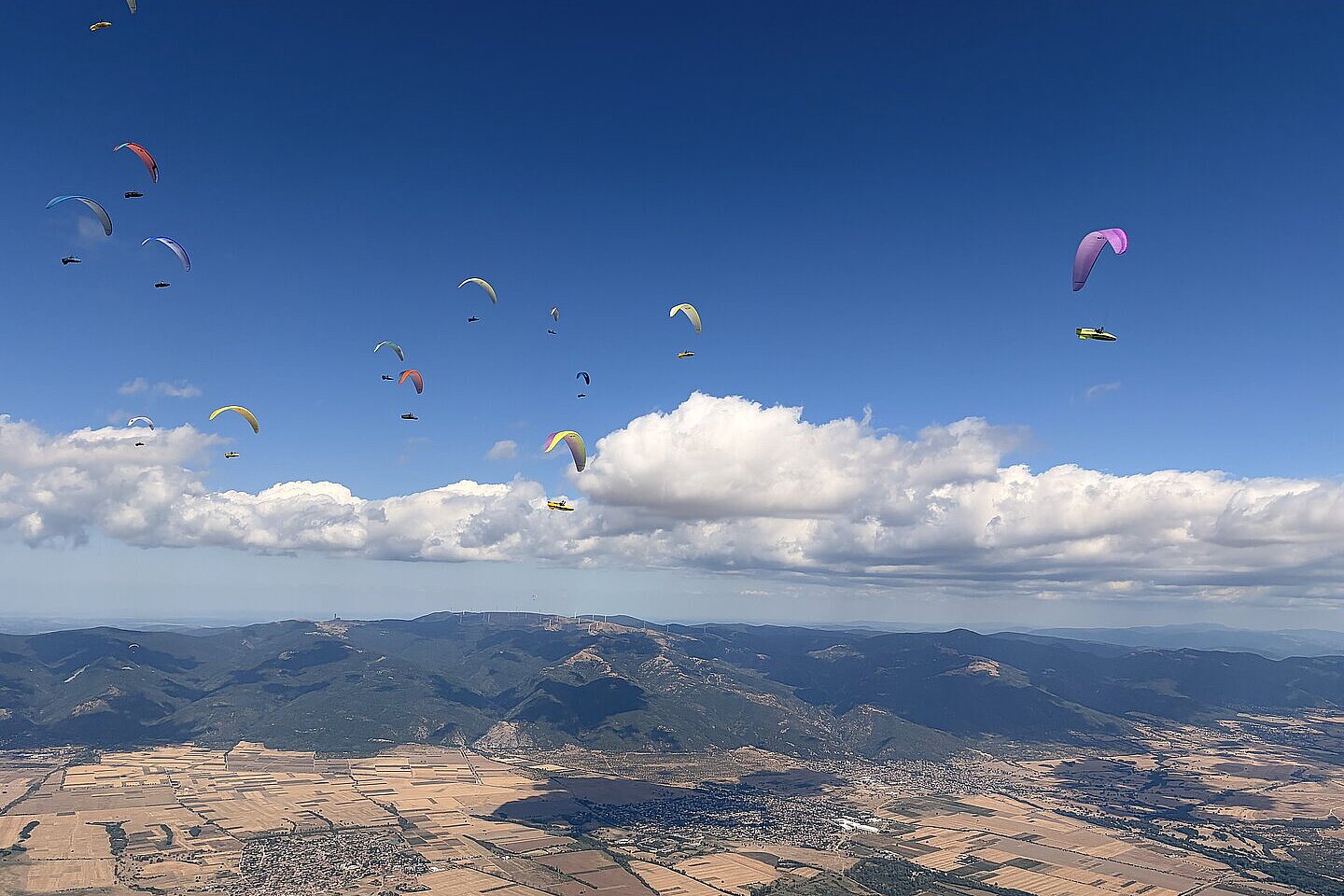 Mehrere Gleitschirme schweben über einer Landschaft aus Feldern, Hügeln und Wolken.