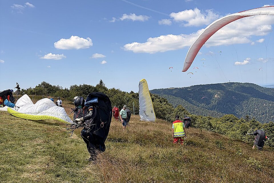 Gleitschirmflieger bereiten ihre Schirme auf einer Bergwiese vor, mehrere Schirme schweben am Himmel.
