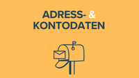 Abbildung eines Briefkastens mit einem Briefumschlag vor gelbem Hintergrund. Darüber steht in fetter Schrift auf Deutsch „ADRESS- & KONTODATEN“.