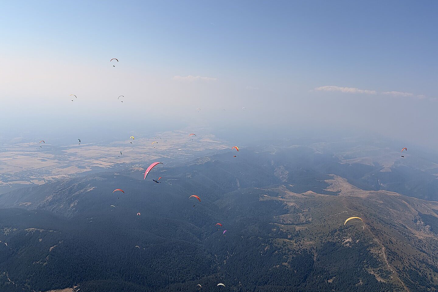 Mehrere Gleitschirme über hügeligem Gelände mit weitem Blick ins Tal
