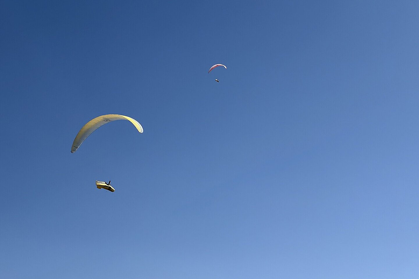 Mehrere Gleitschirme fliegen vor blauem Himmel, zwei nahe beieinander, einer weiter oben.