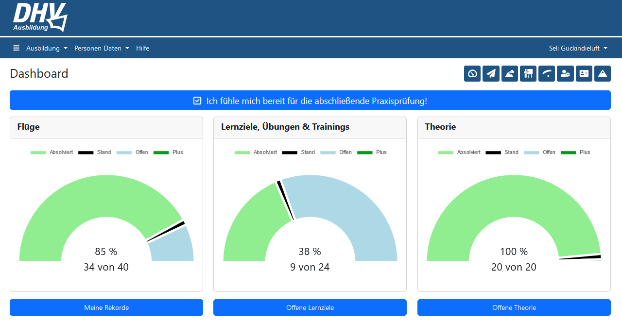 Dashboard mit Fortschritt bei Flügen, Übungen und Theorie
